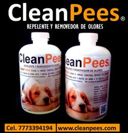 Botellas de CleanPees con imagen de perro, logo visible y datos de contacto en la parte inferior.