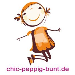 Lachendes Cartoon-Mädchen in Orange, springend. Text: chic-peppig-bunt.de.