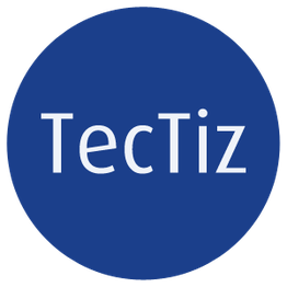 Logo met witte tekst "TecTiz" op een blauwe achtergrond.