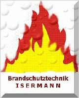 Logo mit roter und gelber Flamme, Text: "Brandschutztechnik ISERMANN".