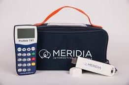 Meridia interactive kit with a keypad, USB, and carrying case with orange handle.