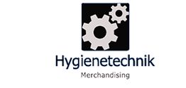 Logo mit Zahnrädern und Text: "Hygienetechnik Merchandising" auf weißem Hintergrund.