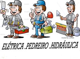 Homens-cartoon como eletricista, pedreiro e encanador com ferramentas. Texto: "Elétrica. Pedreiro. Hidráulica".
