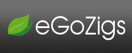 Logo: "eGoZigs" in Weiß mit grünem Blatt auf grauem Hintergrund.