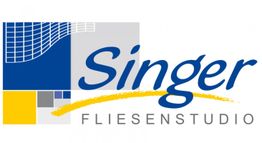 Logo von Singer Fliesenstudio in Blau und Gelb mit modernem Design.