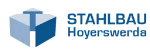Logo von Stahlbau Hoyerswerda mit abstrakter Stahlstruktur und blauem Schriftzug.