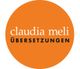 Orange Kreis mit weißem Text "claudia meli" und schwarzem Text "ÜBERSETZUNGEN".