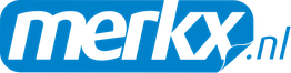 Logo van merkx.nl in blauwe letters met gestileerde punten en een schuine streep.