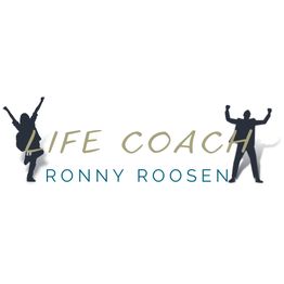 Logo mit der Aufschrift "Life Coach Ronny Roosen" und Silhouetten von zwei feiernden Personen.