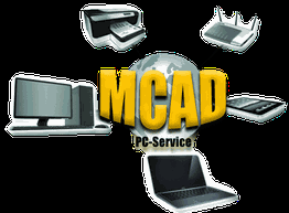 Netzwerkdiagramm mit Computer, Laptop, Drucker, Router; Schriftzug "MCAD PC-Service" im Zentrum.