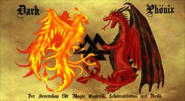 Zwei feuerspeiende Drachen, gelb und rot, mit Text: "Dark Phönix, Der Hexenshop für Magie."