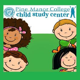 Illustrated children smiling under "Pine Manor College Child Study Center" banner.
