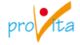 Logo mit der Aufschrift "provita" in blauer Schrift, rotem Punkt und orangem Haken.