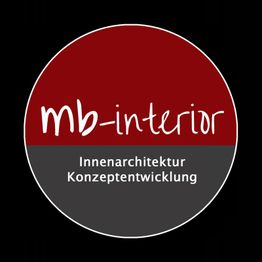 Rotes und graues Logo mit Text "mb-interior: Innenarchitektur, Konzeptentwicklung".