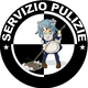 Personaggio in uniforme pulisce con scopa. Testo: "Servizio Pulizie" sopra, stelle ai lati.