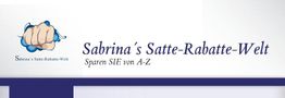 Logo mit Schriftzug "Sabrina’s Satte-Rabatte-Welt" und Slogan "Sparen SIE von A-Z", links Faust.