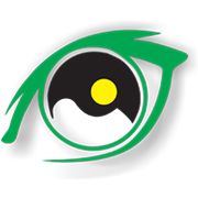 Abstraktes grünes Auge mit gelb-schwarzem Kreis und Wellenmuster in der Mitte.