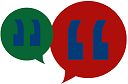 Zwei Sprechblasen mit Anführungszeichen: grün links, rot rechts.