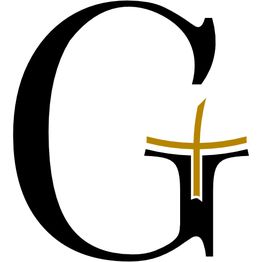 Großer schwarzer Buchstabe "G" mit gold-schwarzem Kreuz im Inneren.