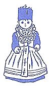 Blaue und weiße Illustration einer Puppe in traditioneller Kleidung mit Kopfschmuck.