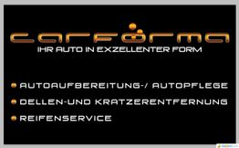 Schwarzes Auto-Service-Logo: "Carforma - Ihr Auto in exzellenter Form". Dienstleistungen gelistet.