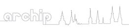 Minimalistisches Skyline-Design mit dem Wort "archip" links und Kirchturm-Silhouetten rechts.