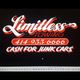 "Limitless Towing logo with phone number and 'Cash for Junk Cars' offer in bold red text."