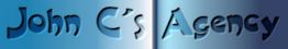 Blauer Schriftzug "John C's Agency" auf blauem Hintergrund mit schattierten Buchstaben.