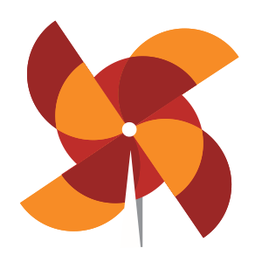 Abstract pinwheel with orange and red blades, featuring a central white dot on a gray stick.