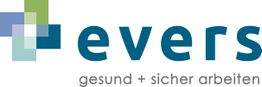 Logo mit blau-grünen Quadraten und Schriftzug "evers, gesund + sicher arbeiten".
