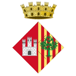 Escudo con castillo y árbol, fondo rojo y amarillo; corona dorada encima.