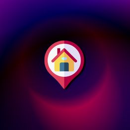 Ícone de localizador com desenho de casa em fundo roxo e vermelho.