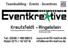Visitenkarte der Eventagentur Eventkreative mit Kontaktinformationen und Website.