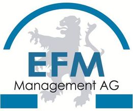 Logo der EFM Management AG mit stilisiertem Löwen und blauen Bögen.