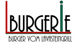Logo mit Text: "BURGERIE - Burger vom Lavasteingrill", in modernem, stilisiertem Design.