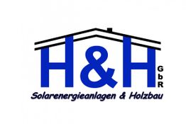 Logo von H&H GbR, Solaranlagen & Holzbau, mit blauem Schriftzug und Hausdach-Symbol.