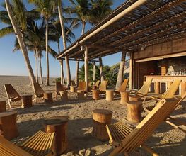 Sillas de madera en la arena bajo una palapa, rodeadas de palmeras en una playa soleada.