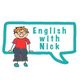 Illustration eines Kindes mit Brille und Text "English with Nick" in einer Sprechblase.