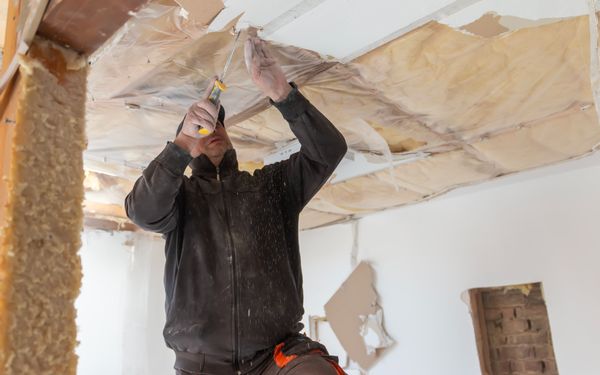 Ein Handwerker entfernt an einer Stelle der Decke einen Teil der Styropordämmung.