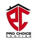 Logo of Pro Choice Roofing with red letters and a black roof design.
