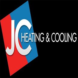 JC Heating & Cooling logo with red and blue background and white text on a black backdrop.