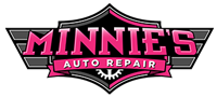 Minnie's Auto Repair logo in pink with a gear and winged design.