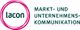 Logo von Lacon mit Text: "MARKT- UND UNTERNEHMENS-KOMMUNIKATION" in Schwarz und Pink.