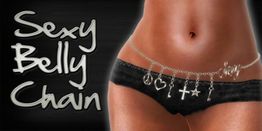 Eine Frau trägt eine Hüftkette mit Anhängern; daneben steht "Sexy Belly Chain".