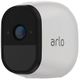 White security camera with a black front and "arlo" logo on the side.
