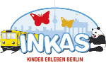 Gelbes Fahrzeug, Panda, zwei Schmetterlinge, Berliner Skyline und Text: "INKAS Kinder erleben Berlin".
