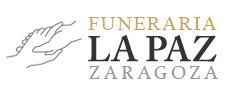 Logotipo de Funeraria La Paz Zaragoza con manos unidas a la izquierda y texto a la derecha.