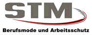 Logo mit Text "STM Berufs­mode und Arbeits­schutz", darunter Halbkreis in Rotton.