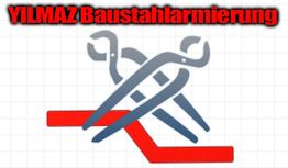 Logo mit zwei Zangen und rotem Text: "YILMAZ Baustahlarmierung" auf weißem Hintergrund.
