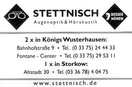 Visitenkarte von Stettnisch Augenoptik & Hörakustik mit Adressen in Königs Wusterhausen und Storkow.